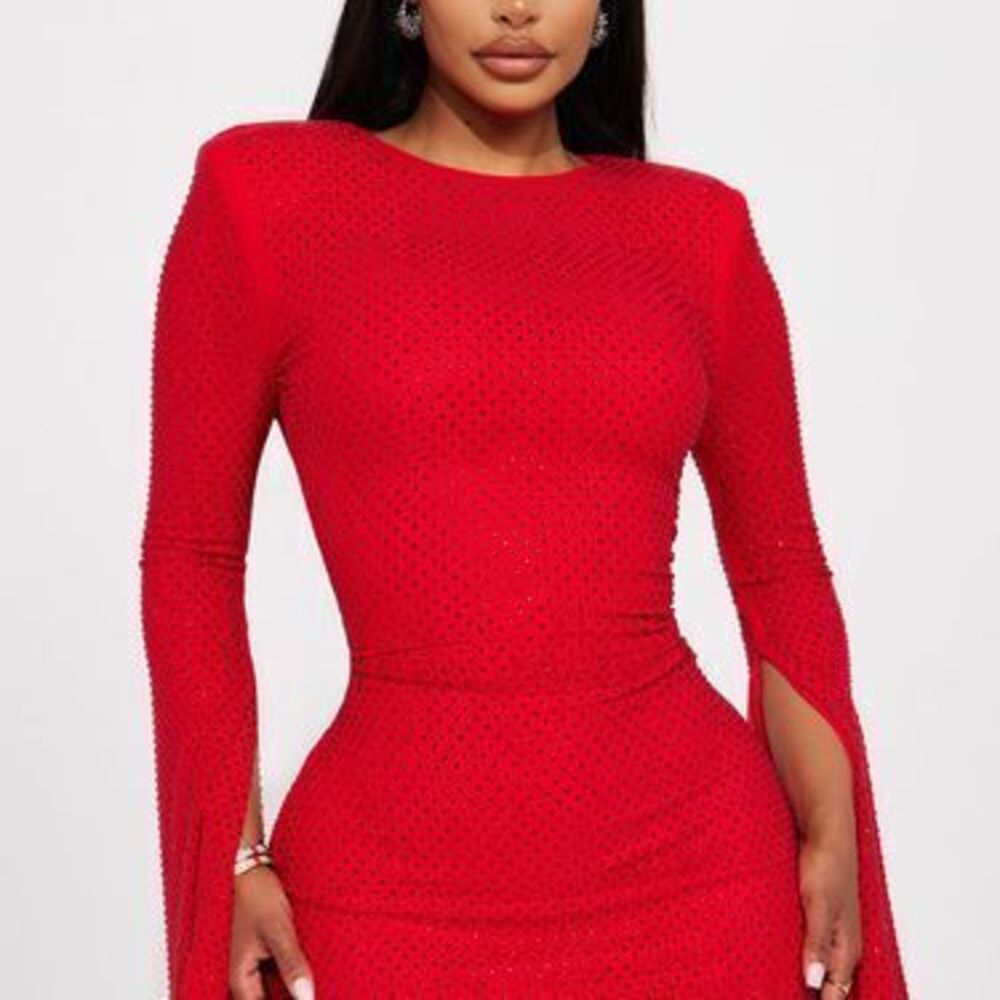 Sarah Rhinestone Mesh Mini Dress - Red - 2X